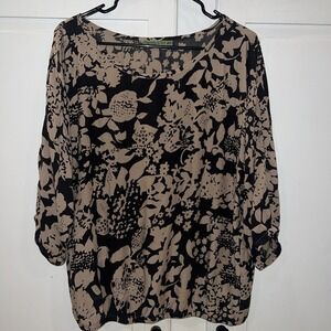 Velvet Brand Medium Top Black Tan Floral Anthropologie Boat‎ Neck Rayon